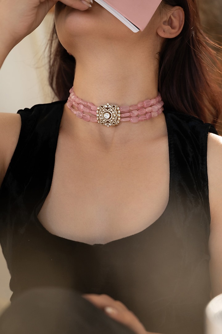Gold Plated Pink Natural Stone & Kundan Polki Choker Necklace by Do Taara at Pernia's Pop Up Shop