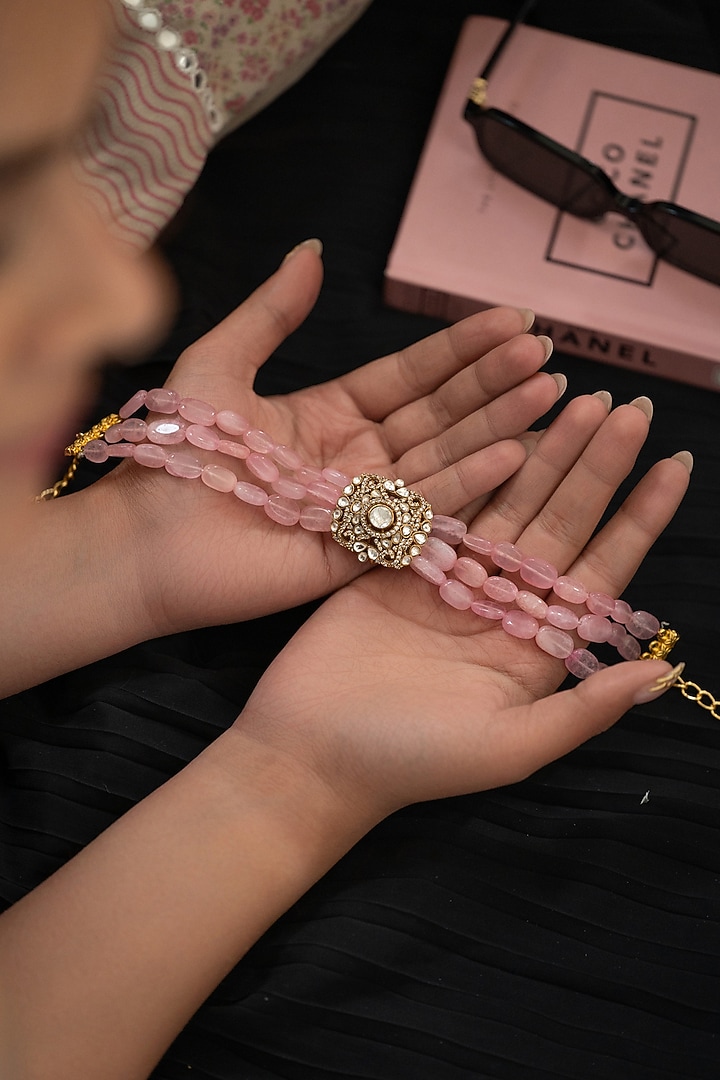 Gold Plated Pink Natural Stone & Kundan Polki Choker Necklace by Do Taara at Pernia's Pop Up Shop