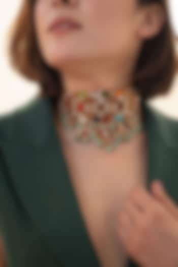 Gold Plated Kundan Polki & Multi-Colored Larimar Stone Choker Necklace by Do Taara at Pernia's Pop Up Shop