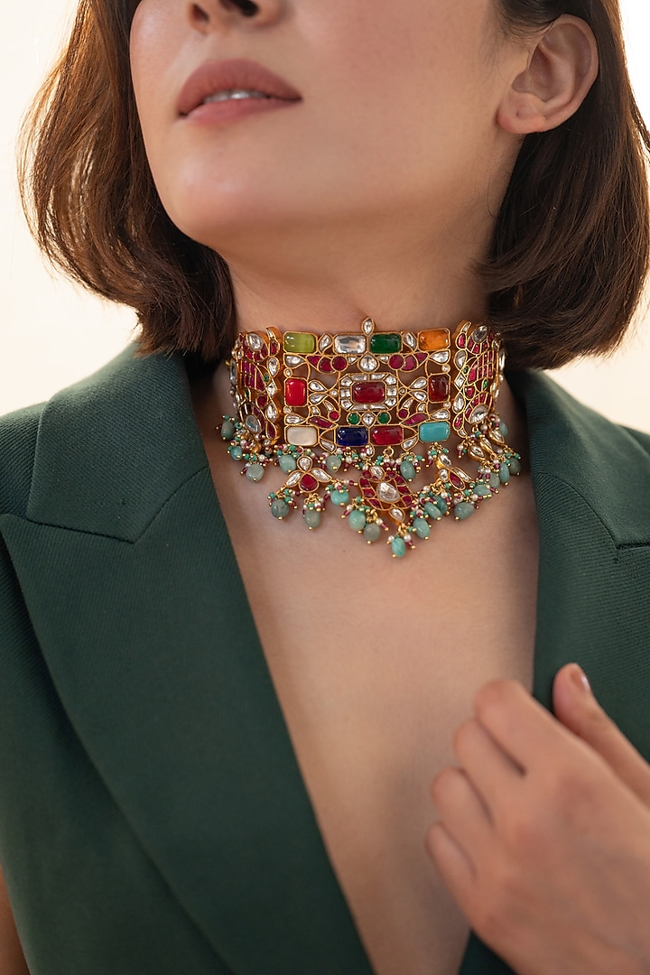 Gold Plated Kundan Polki & Multi-Colored Larimar Stone Choker Necklace by Do Taara at Pernia's Pop Up Shop