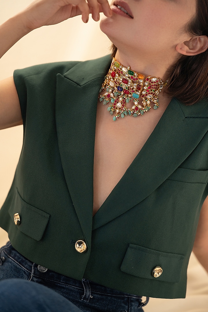 Gold Plated Kundan Polki & Multi-Colored Larimar Stone Choker Necklace by Do Taara at Pernia's Pop Up Shop