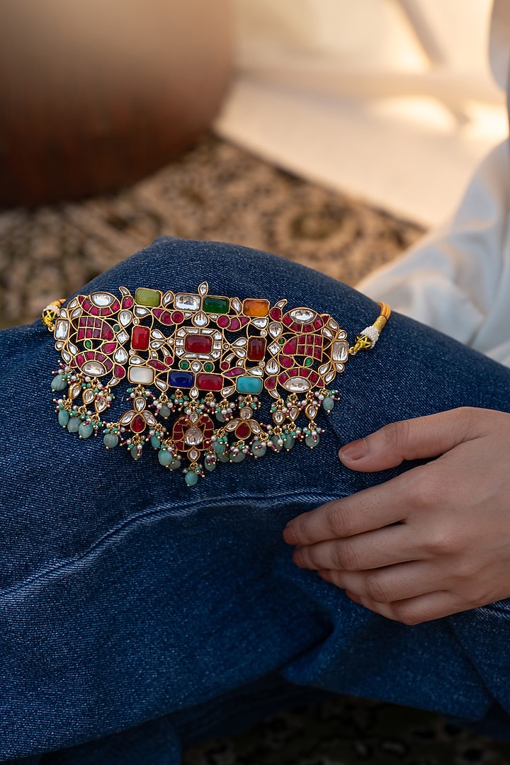 Gold Plated Kundan Polki & Multi-Colored Larimar Stone Choker Necklace by Do Taara at Pernia's Pop Up Shop