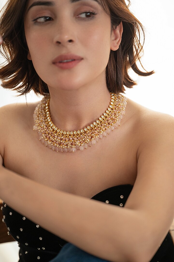 Gold Plated Kundan Polki & Rose Quartz Stone Necklace Set by Do Taara at Pernia's Pop Up Shop