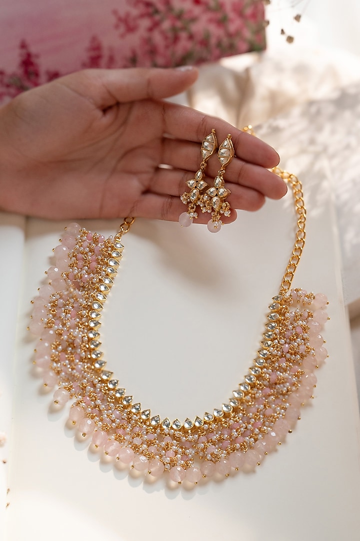Gold Plated Kundan Polki & Rose Quartz Stone Necklace Set by Do Taara at Pernia's Pop Up Shop