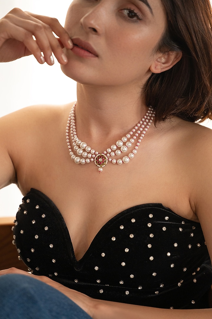 Gold Plated Kundan Polki & Pearl Necklace by Do Taara at Pernia's Pop Up Shop