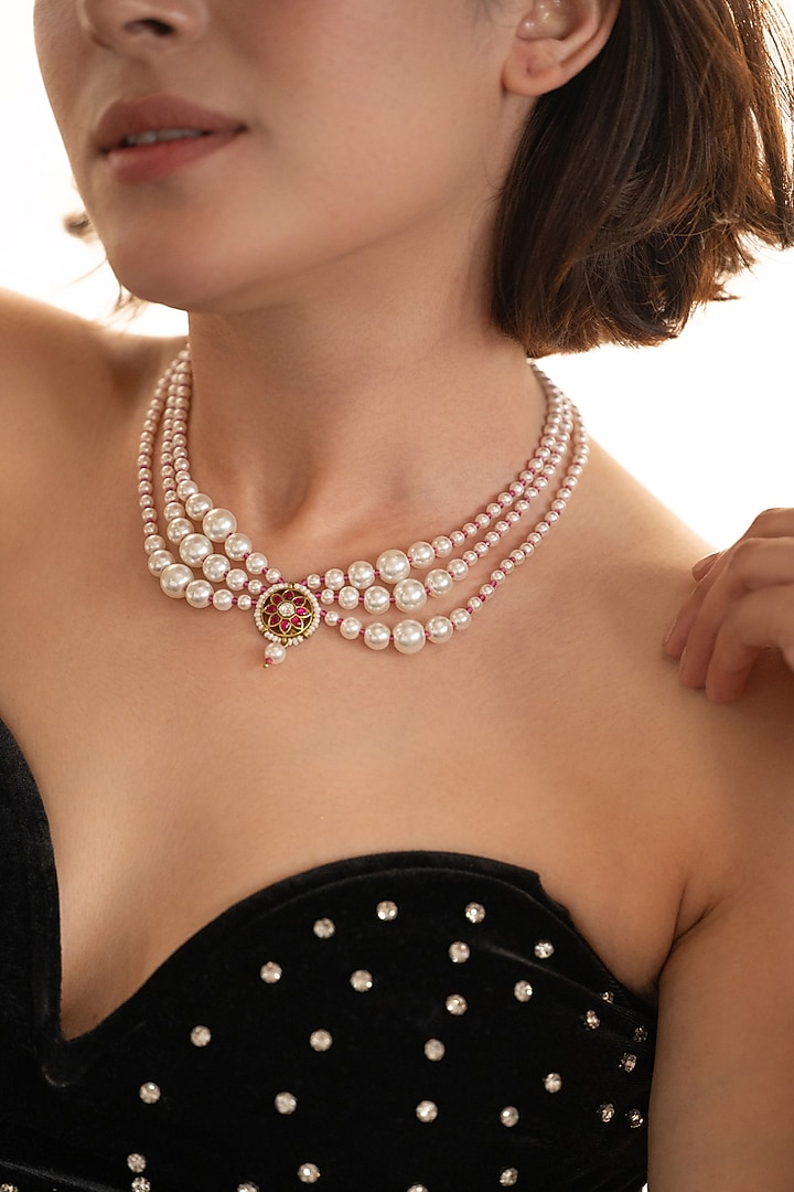 Gold Plated Kundan Polki & Pearl Necklace by Do Taara at Pernia's Pop Up Shop