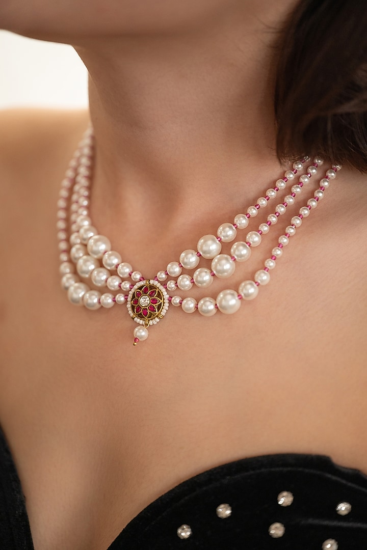Gold Plated Kundan Polki & Pearl Necklace by Do Taara at Pernia's Pop Up Shop