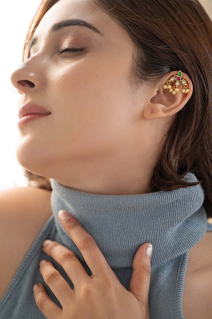 Gold Plated Kundan Polki & Pearl Earcuff by Do Taara at Pernia's Pop Up Shop
