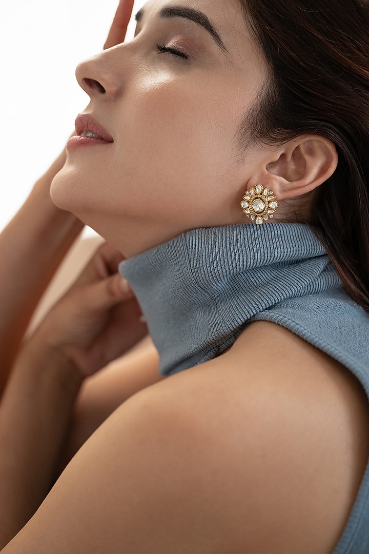 Gold Plated Kundan Polki & Cubic Zirconia Stud Earrings by Do Taara at Pernia's Pop Up Shop