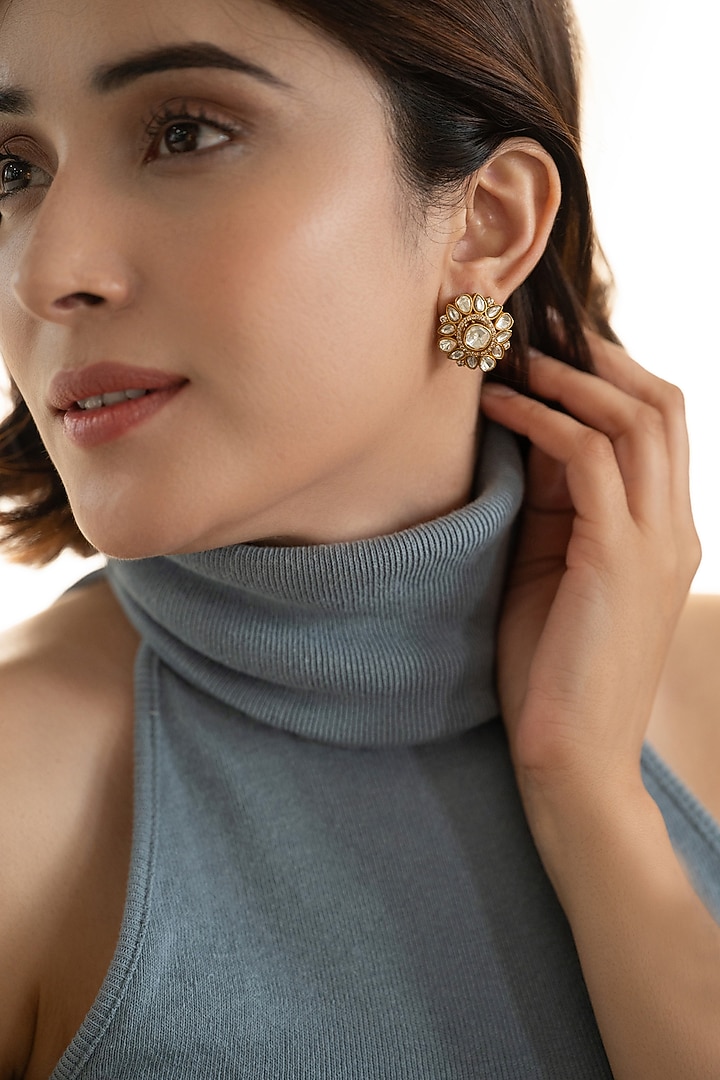 Gold Plated Kundan Polki & Cubic Zirconia Stud Earrings by Do Taara at Pernia's Pop Up Shop