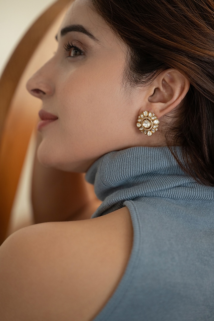 Gold Plated Kundan Polki & Cubic Zirconia Stud Earrings by Do Taara at Pernia's Pop Up Shop