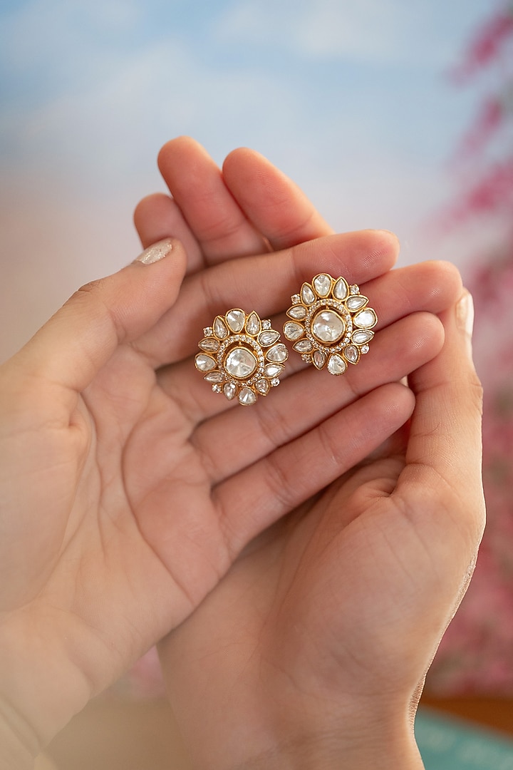 Gold Plated Kundan Polki & Cubic Zirconia Stud Earrings by Do Taara at Pernia's Pop Up Shop