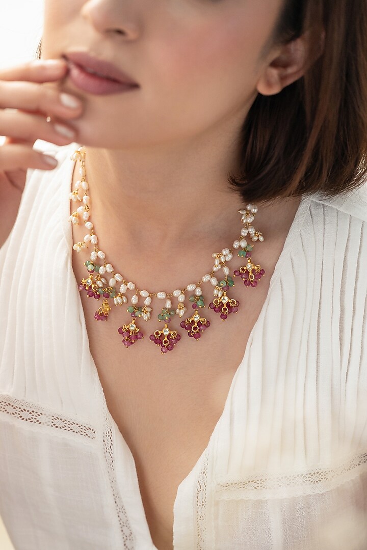 Gold Plated Kundan Polki & Pink Onyx Necklace by Do Taara at Pernia's Pop Up Shop