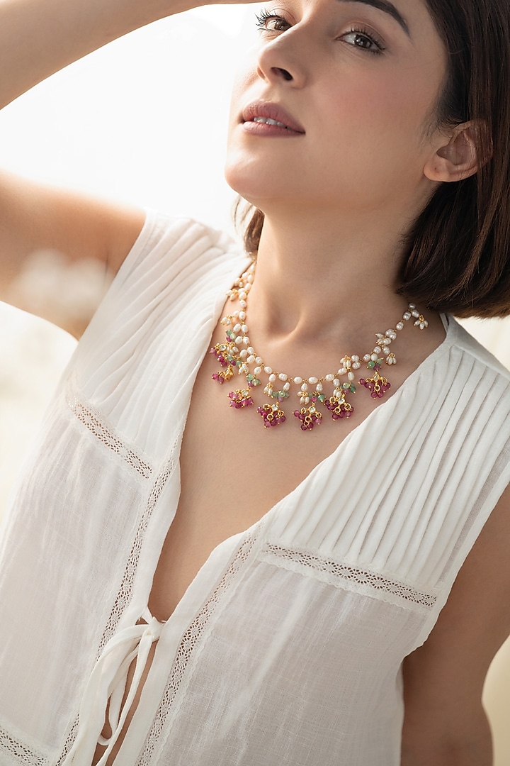 Gold Plated Kundan Polki & Pink Onyx Necklace by Do Taara at Pernia's Pop Up Shop
