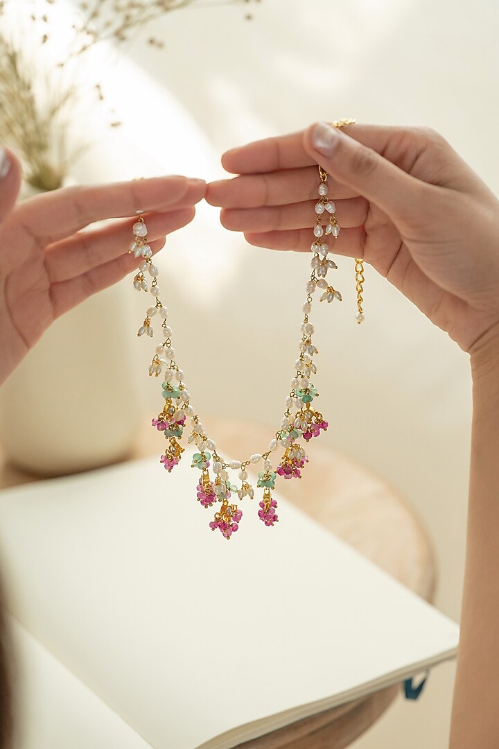 Gold Plated Kundan Polki & Pink Onyx Necklace by Do Taara at Pernia's Pop Up Shop