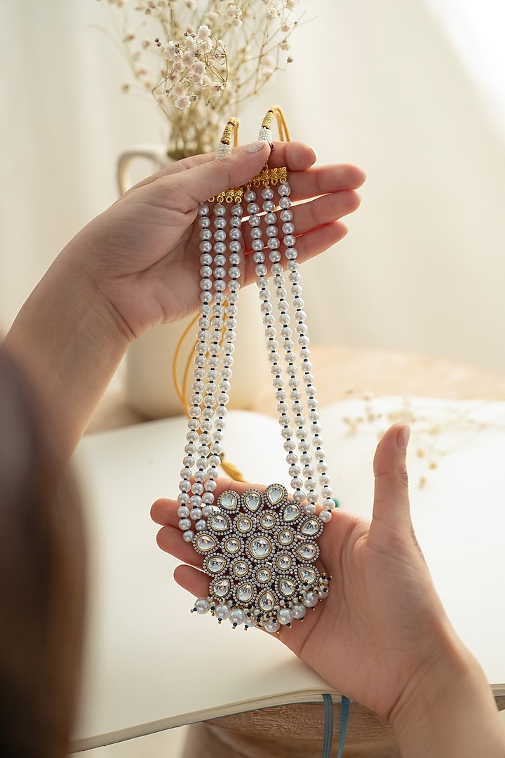 White Rhodium Finish Kundan Polki & Pearl Necklace by Do Taara at Pernia's Pop Up Shop