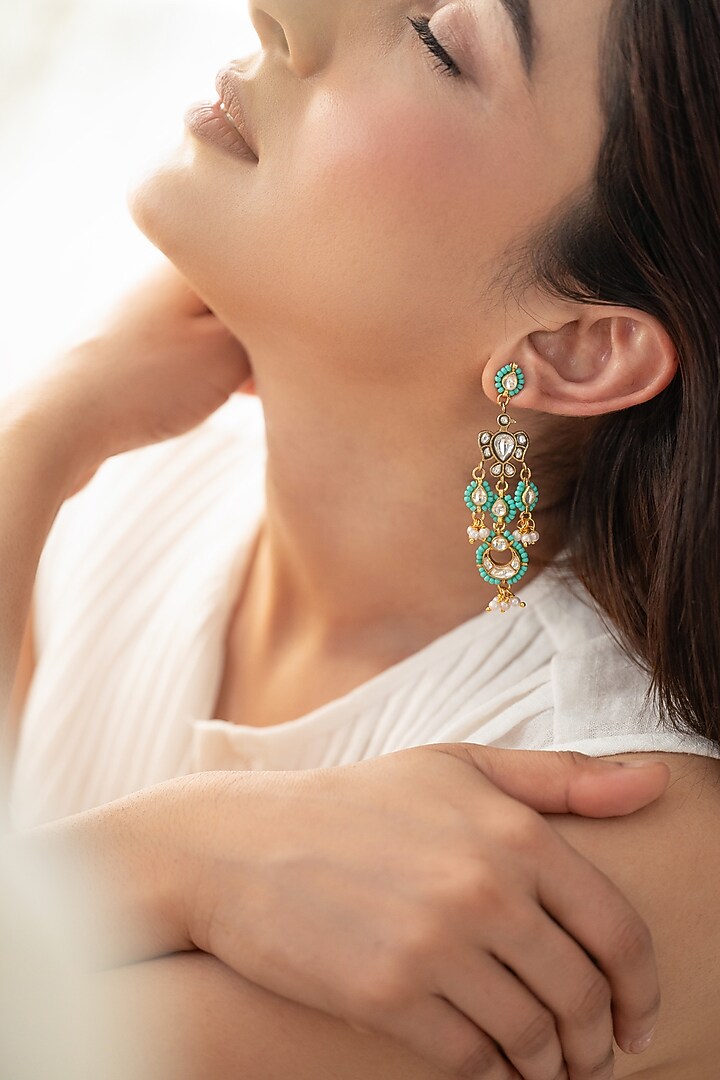 Gold Plated Kundan Polki & Turquoise Beaded Dangler Earrings by Do Taara at Pernia's Pop Up Shop