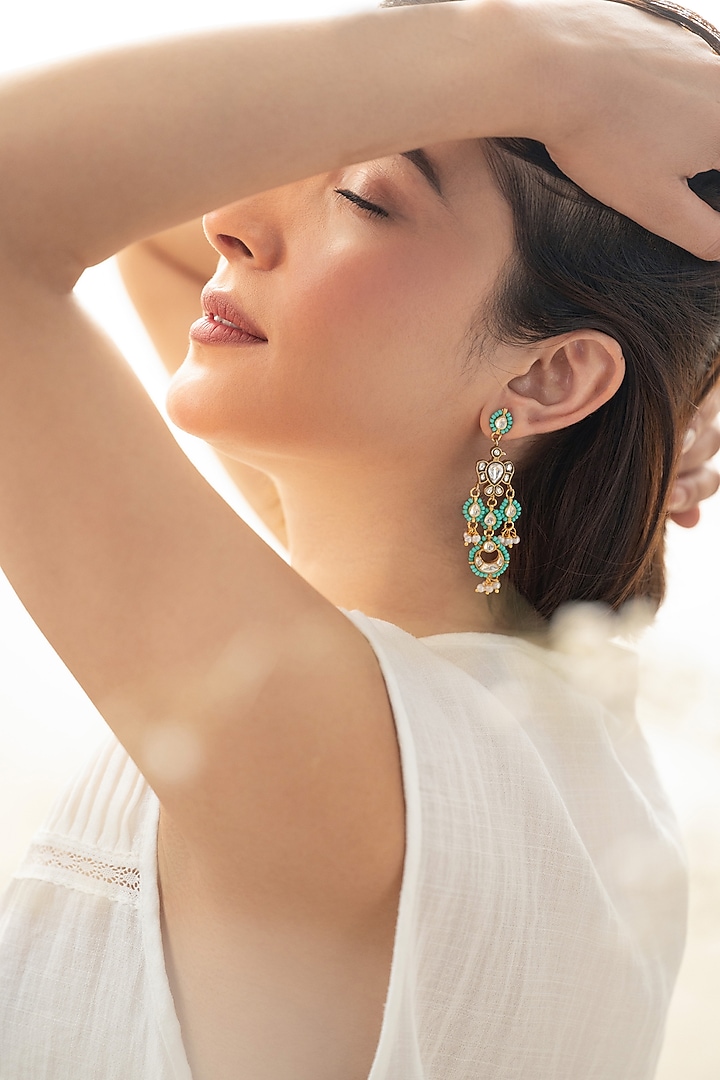 Gold Plated Kundan Polki & Turquoise Beaded Dangler Earrings by Do Taara at Pernia's Pop Up Shop
