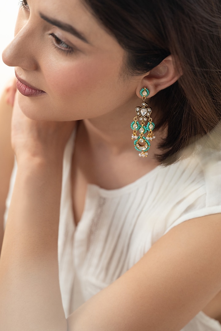 Gold Plated Kundan Polki & Turquoise Beaded Dangler Earrings by Do Taara at Pernia's Pop Up Shop