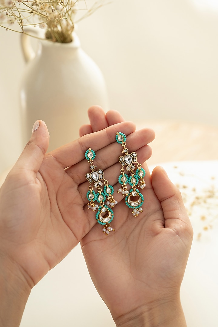 Gold Plated Kundan Polki & Turquoise Beaded Dangler Earrings by Do Taara at Pernia's Pop Up Shop
