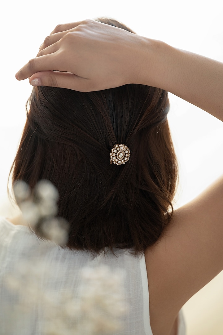Gold Plated Kundan Polki & Cubic Zirconia Braid Pin by Do Taara at Pernia's Pop Up Shop