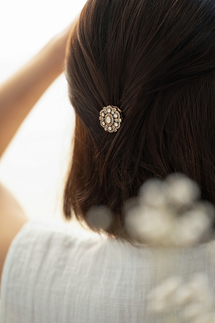 Gold Plated Kundan Polki & Cubic Zirconia Braid Pin by Do Taara at Pernia's Pop Up Shop