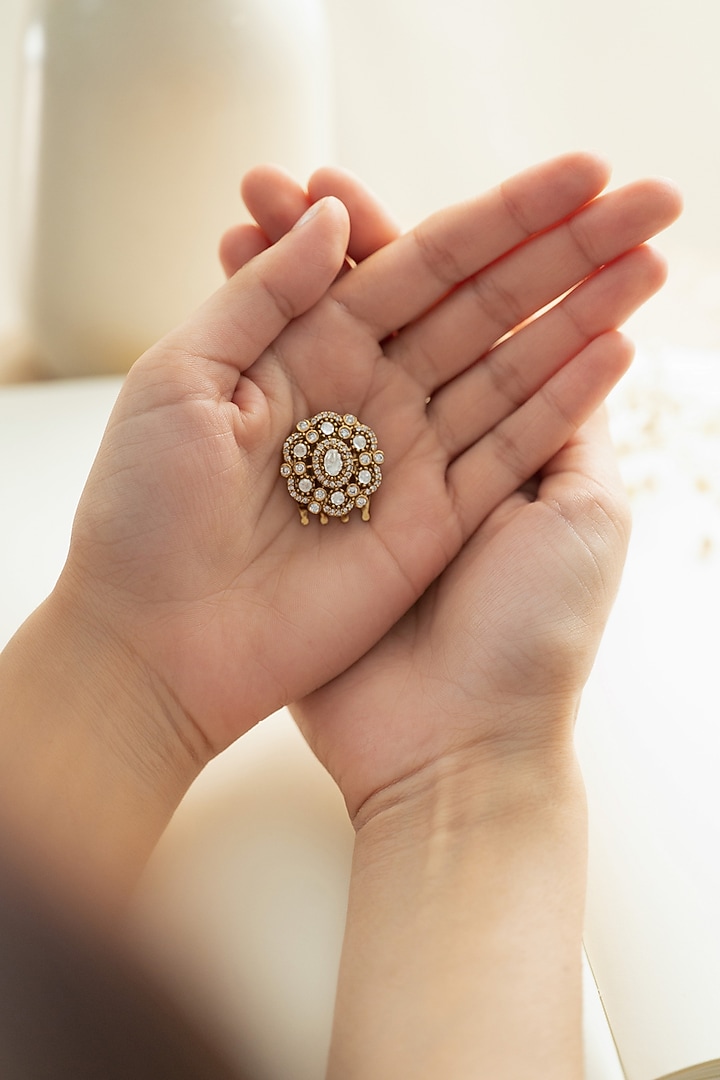 Gold Plated Kundan Polki & Cubic Zirconia Braid Pin by Do Taara at Pernia's Pop Up Shop