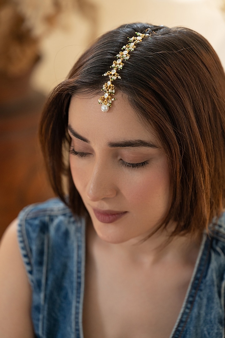 Gold Plated Kundan Polki & Pearl Maangtikka by Do Taara at Pernia's Pop Up Shop