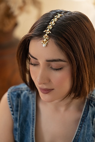 Gold Plated Kundan Polki & Pearl Maangtikka by Do Taara