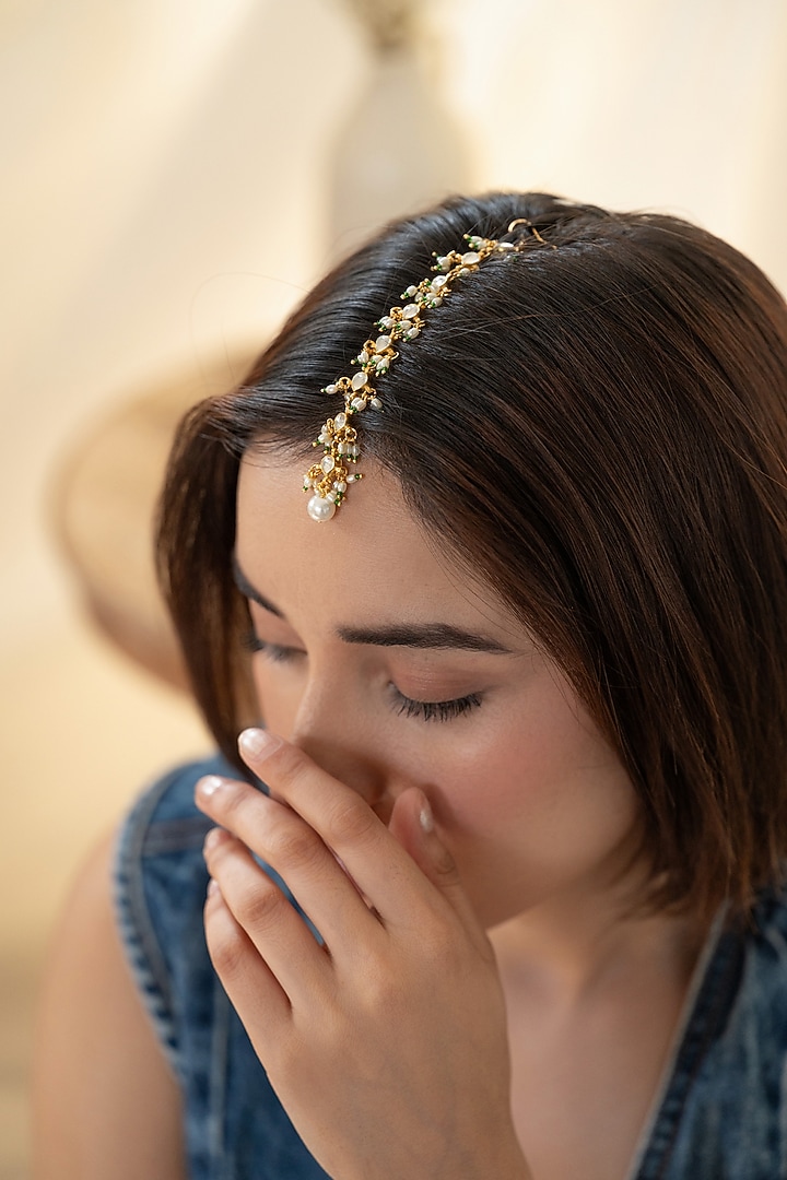Gold Plated Kundan Polki & Pearl Maangtikka by Do Taara at Pernia's Pop Up Shop