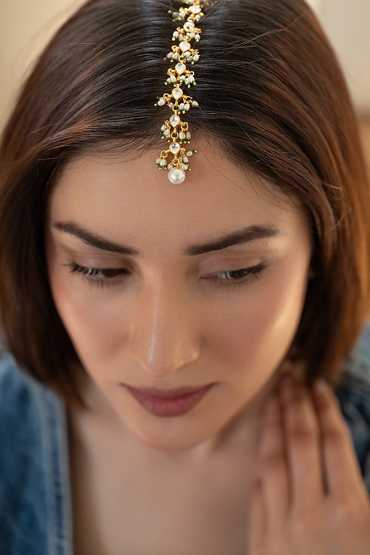 Gold Plated Kundan Polki & Pearl Maangtikka by Do Taara at Pernia's Pop Up Shop