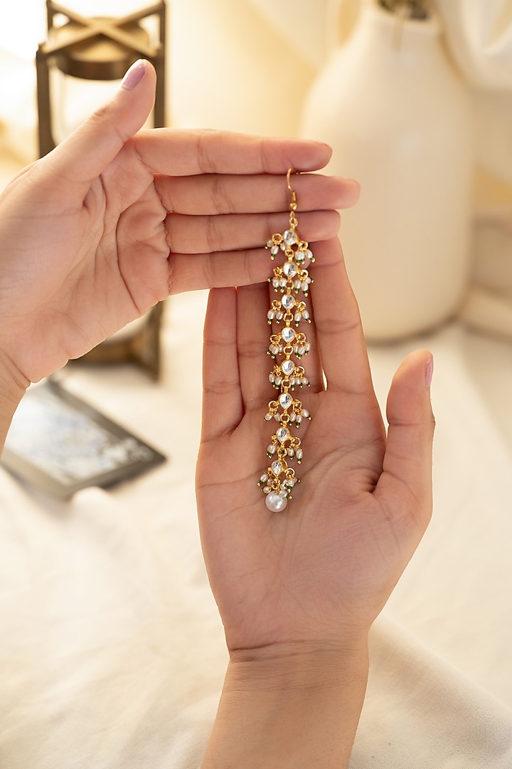 Gold Plated Kundan Polki & Pearl Maangtikka by Do Taara at Pernia's Pop Up Shop