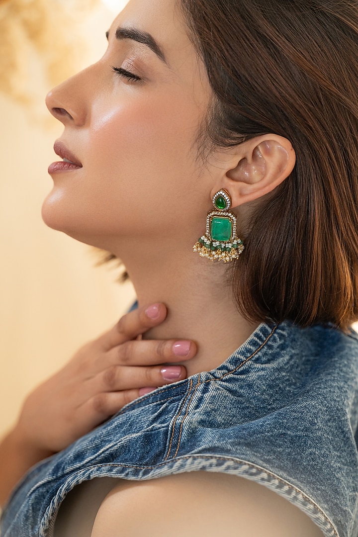 Gold Plated Kundan Polki & Green Doublet Stone Dangler Earrings by Do Taara at Pernia's Pop Up Shop