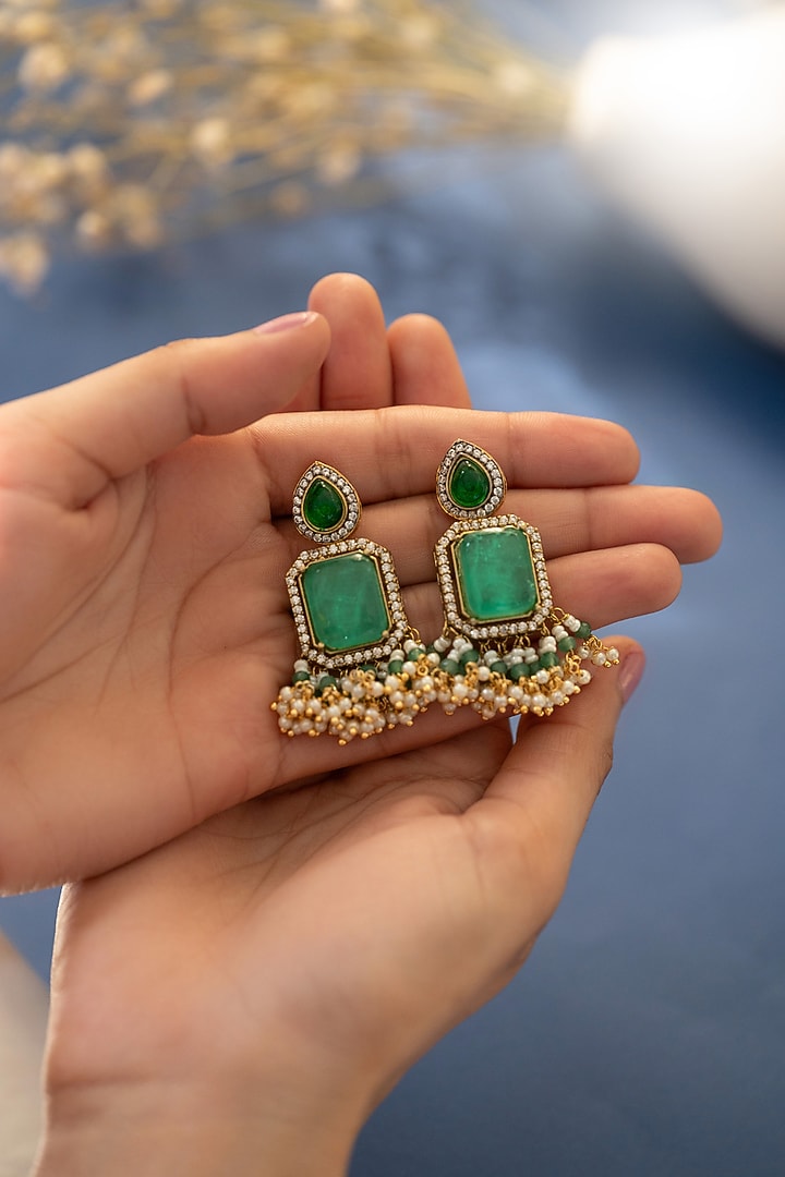 Gold Plated Kundan Polki & Green Doublet Stone Dangler Earrings by Do Taara at Pernia's Pop Up Shop