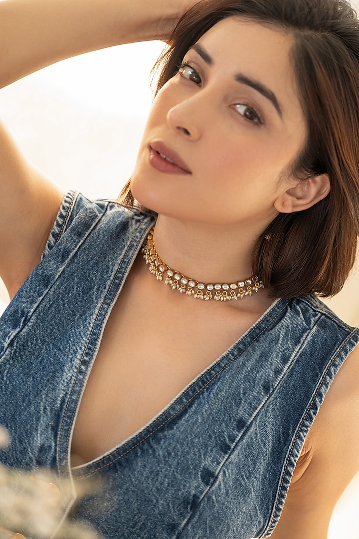Gold Plated Kundan Polki & Pearl Choker Necklace by Do Taara at Pernia's Pop Up Shop