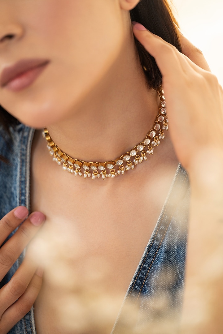 Gold Plated Kundan Polki & Pearl Choker Necklace by Do Taara at Pernia's Pop Up Shop