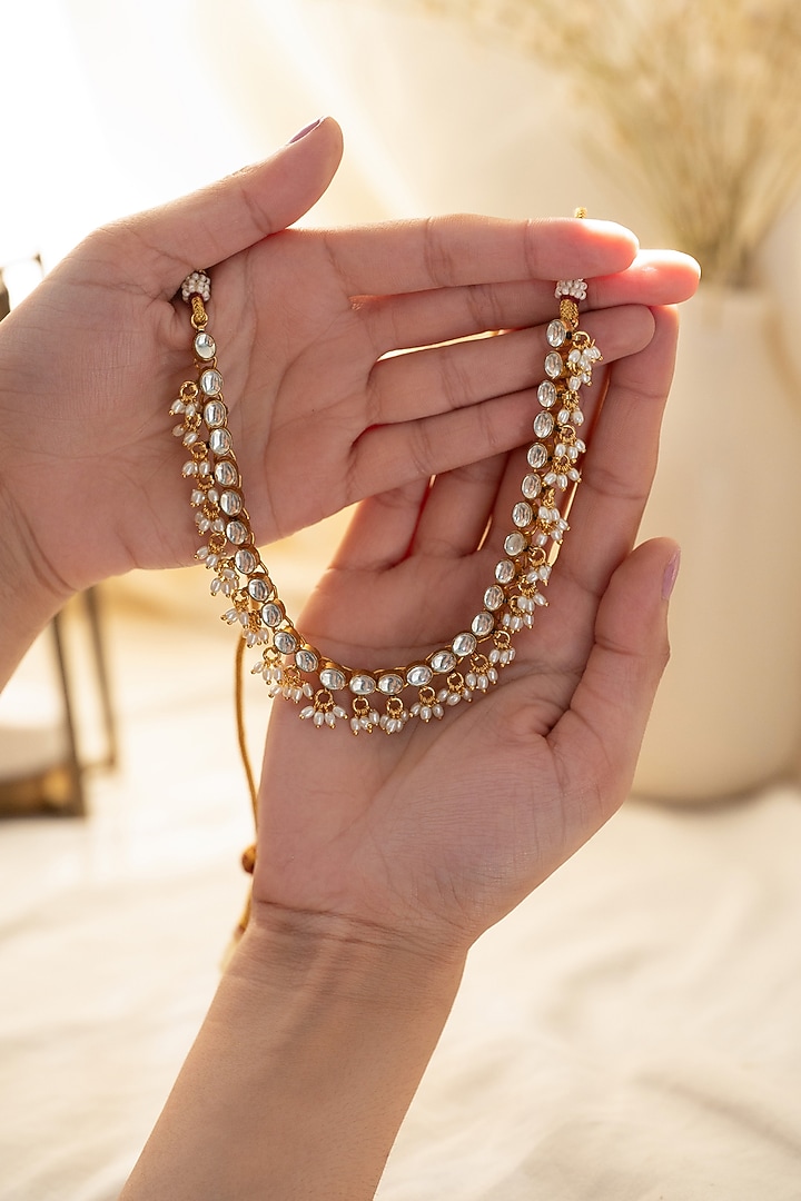 Gold Plated Kundan Polki & Pearl Choker Necklace by Do Taara at Pernia's Pop Up Shop