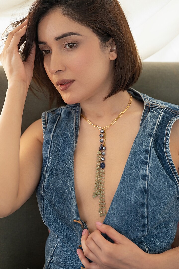 Gold Plated Grey Pearl Long Necklace by Do Taara at Pernia's Pop Up Shop