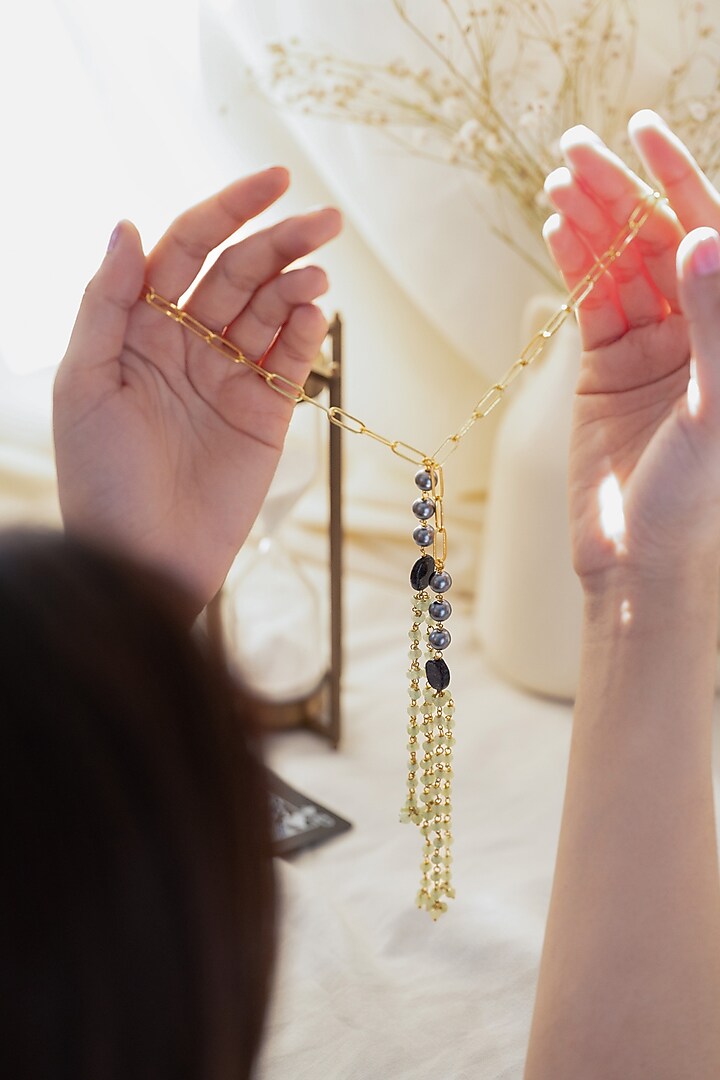 Gold Plated Grey Pearl Long Necklace by Do Taara at Pernia's Pop Up Shop