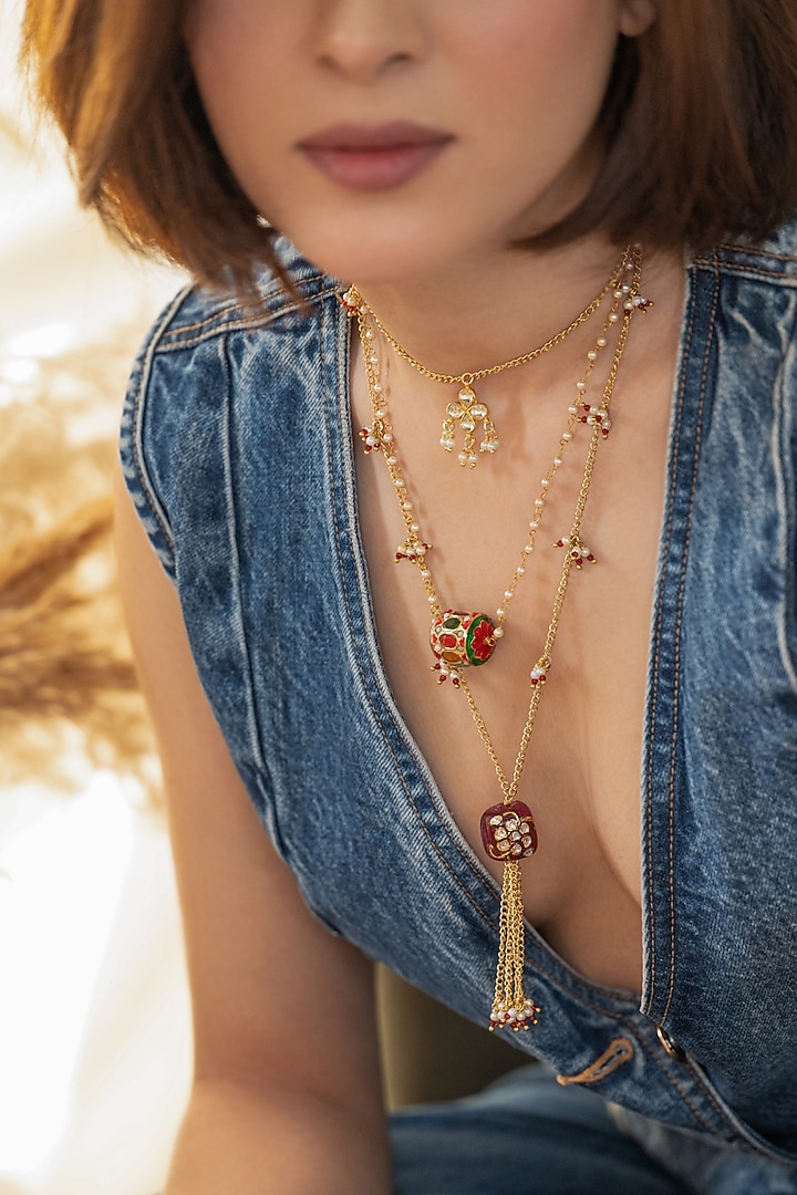 Gold Plated Kundan Polki & Pearl Layered Necklace by Do Taara at Pernia's Pop Up Shop