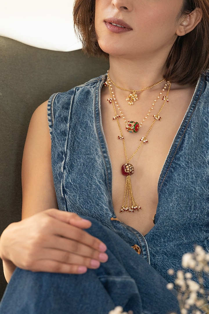 Gold Plated Kundan Polki & Pearl Layered Necklace by Do Taara at Pernia's Pop Up Shop