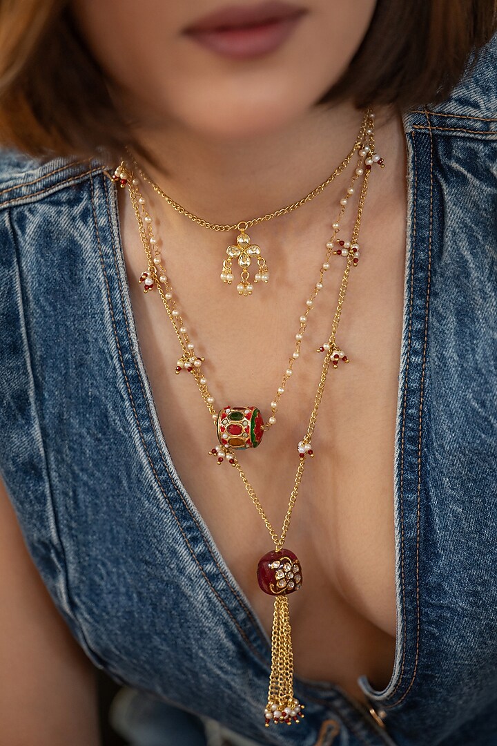 Gold Plated Kundan Polki & Pearl Layered Necklace by Do Taara at Pernia's Pop Up Shop