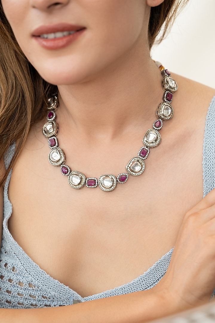 White Rhodium Finish Kundan Polki & Amethyst Garnet Stone Necklace by Do Taara at Pernia's Pop Up Shop