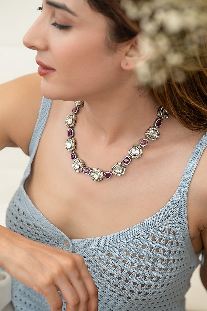 White Rhodium Finish Kundan Polki & Amethyst Garnet Stone Necklace by Do Taara at Pernia's Pop Up Shop