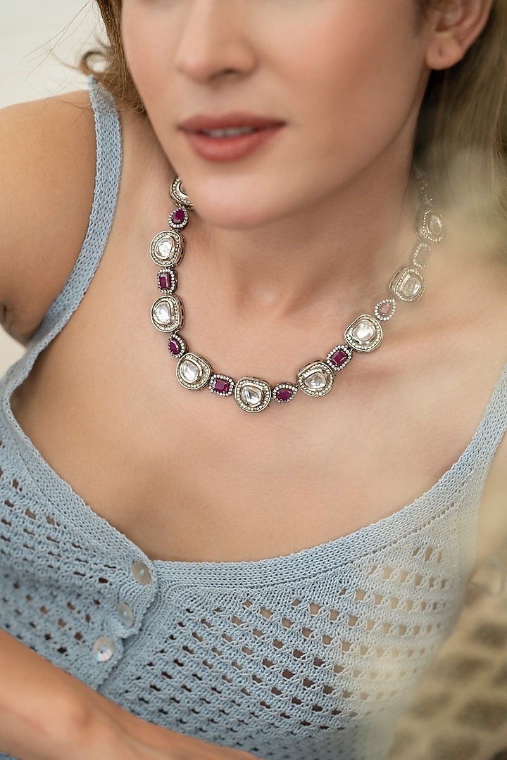 White Rhodium Finish Kundan Polki & Amethyst Garnet Stone Necklace by Do Taara at Pernia's Pop Up Shop