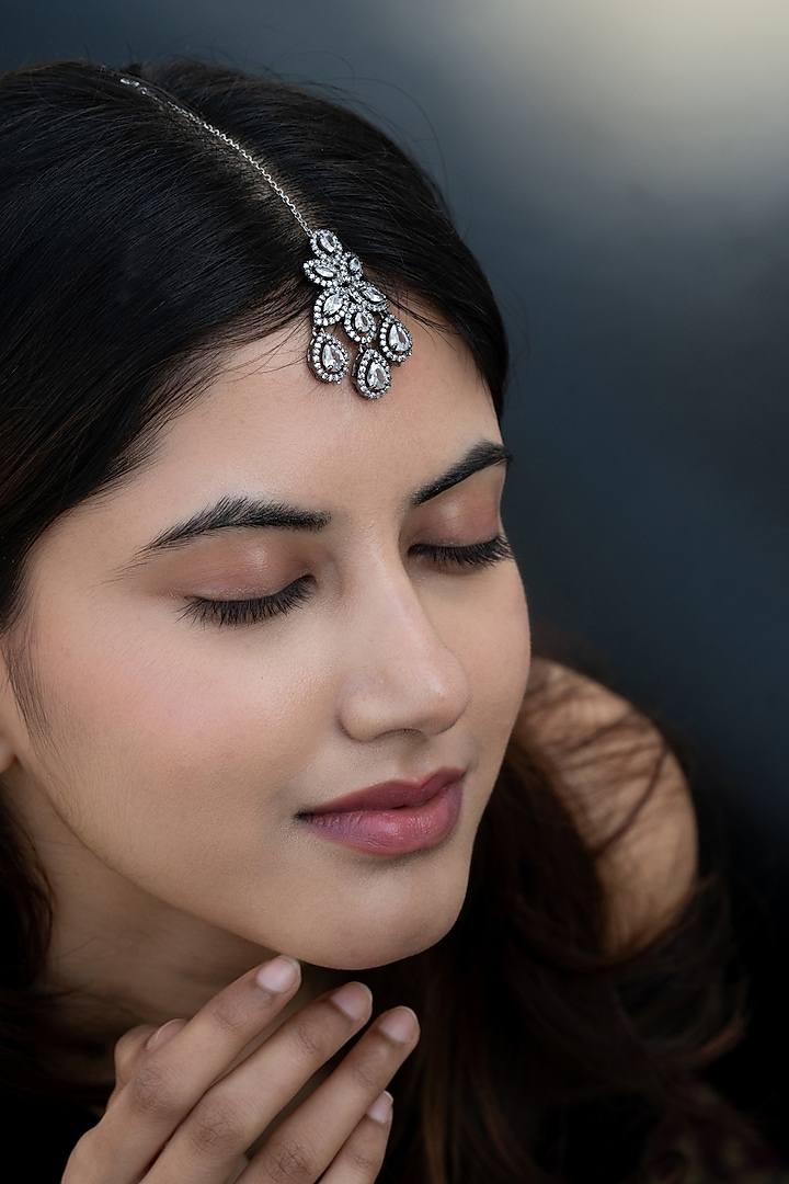 Silver Rhodium Finish Faux Diamond Maangtikka by Do Taara at Pernia's Pop Up Shop