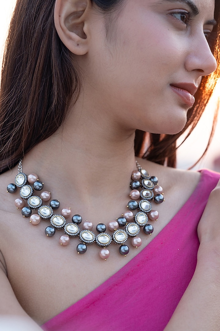 Silver Rhodium Finish Kundan Polki & Pearl Necklace by Do Taara at Pernia's Pop Up Shop