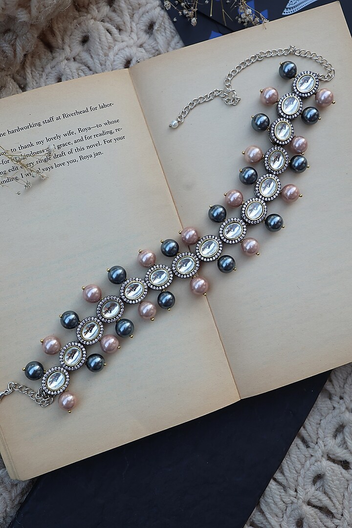 Silver Rhodium Finish Kundan Polki & Pearl Necklace by Do Taara at Pernia's Pop Up Shop