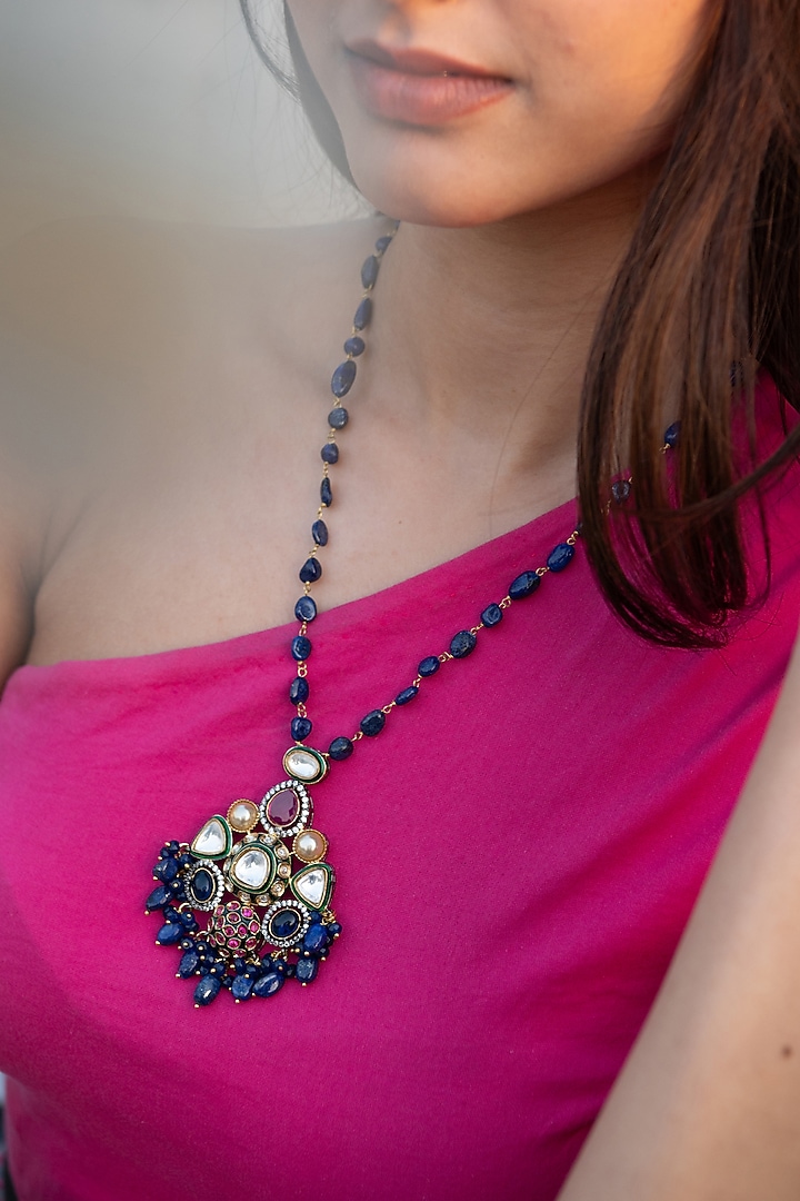 Silver Rhodium Finish Kundan Polki & Natural Stone Necklace by Do Taara at Pernia's Pop Up Shop