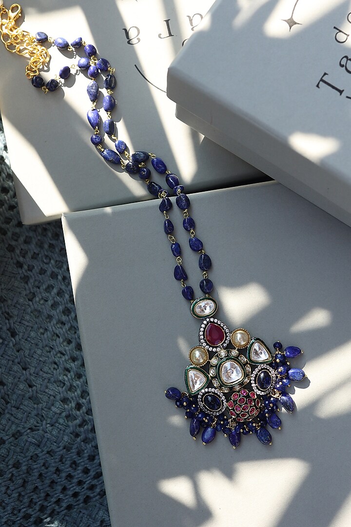 Silver Rhodium Finish Kundan Polki & Natural Stone Necklace by Do Taara at Pernia's Pop Up Shop